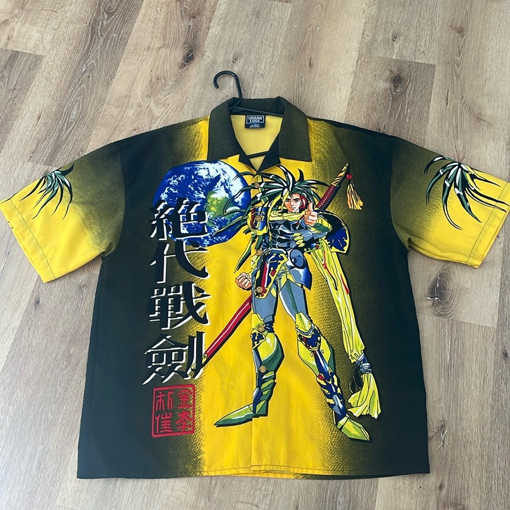 Men’s Y2K Anime Dino Button down shirt. Size Medium. # Anime #oversized #warrior